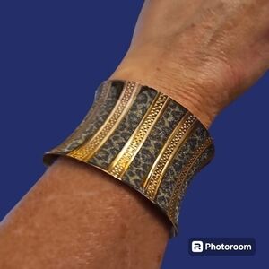 Vintage Leopard Print Brass Concave Chunky Cuff Castlecore Egyptian Bracelet